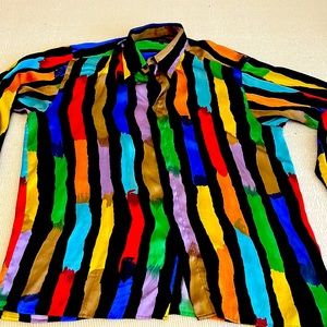 $75 VINTAGE MENS GENELLI SILK SHIRT MULTI PAINT DESIGN MAIN COLOR BLACK